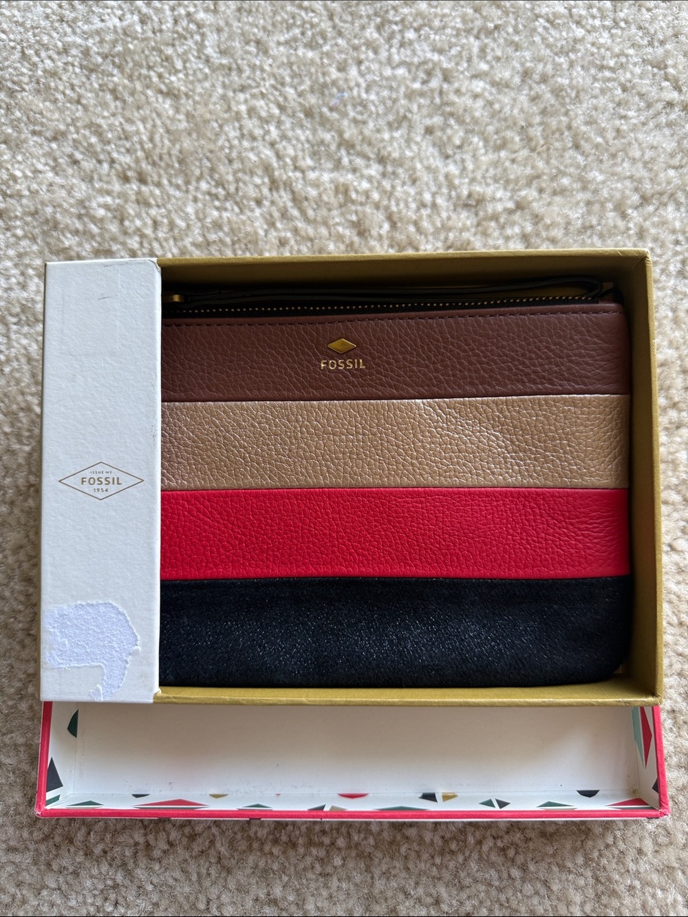 Fossil Striped Leather Zip Wallet in Brown, Tan, Red & Black